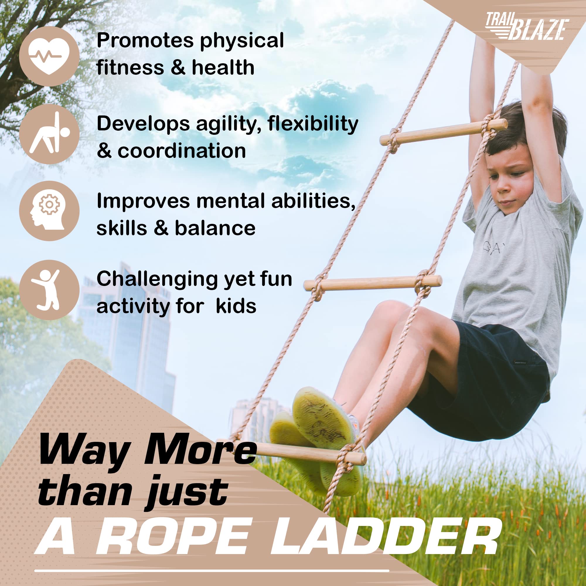 Wooden Rope Ladder for Kids - Playset Ladder for Ninja Warrior Obstacle Course Accessories | Treehouse Swing Set Bunk Bed | Playground Ninja Obstacles