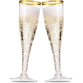 Munfix 100 Pack Gold Plastic Champagne Flutes, 5 Oz Clear Plastic Toasting Glasses Fancy Disposable Wedding Party Cocktail Cups with Gold Rim