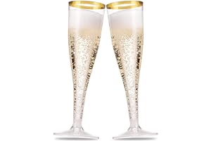 Munfix 100 Pack Gold Plastic Champagne Flutes, 5 Oz Clear Plastic Toasting Glasses Fancy Disposable Wedding Party Cocktail Cups with Gold Rim