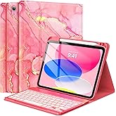 FUWANG for iPad A16 11th 10th Generation Case with Keyboard, Detachable 7 Colors Backlit Wireless Marble Keyboard Case with Pencil Holder for iPad A16 11th 11-inch 2025 &10th Gen 10.9 Inch 2022, Pink