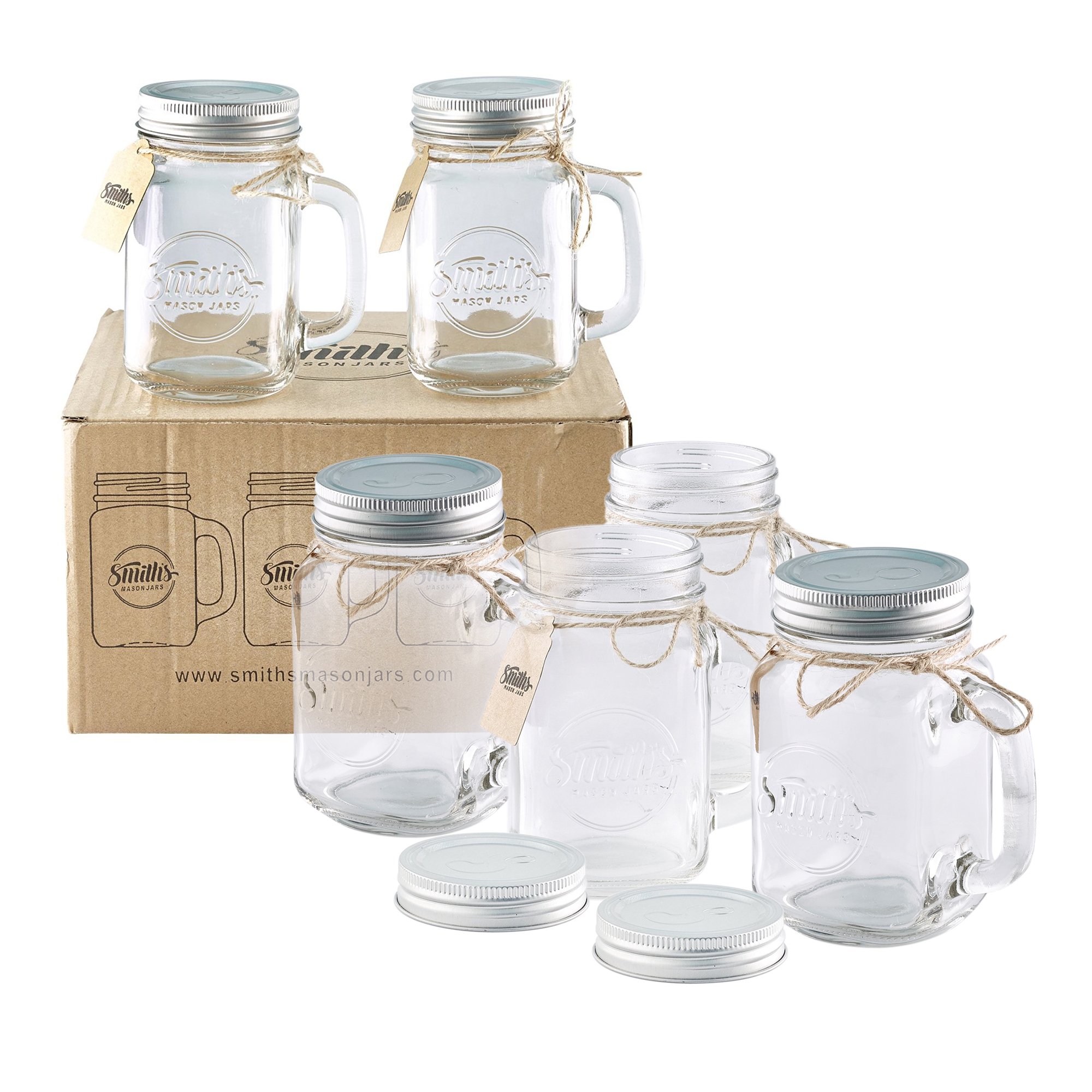 Smiths Mason Jars 6 x 16oz Mason Jar Mugs with Lids, Great Mason Jar