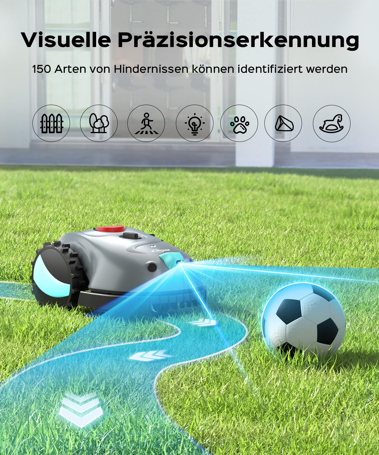 YARDCARE V100 Mähroboter ohne Begrenzungskabel Rasenroboter mit Kamera, Hindernisvermeidung, Vision Navigation, 4 Ah Akku Rasenmäher Roboter ohne Begrenzungsdraht 150㎡ mit Ersatzklingen, Spiralschnitt 2