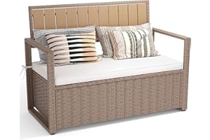 YITAHOME 70 Gallon All-Weather PE Rattan Storage Bench, Waterproof Deck Box Seat for Patio Furniture, Outdoor Cushions, Pool & Garden Tools, Beige
