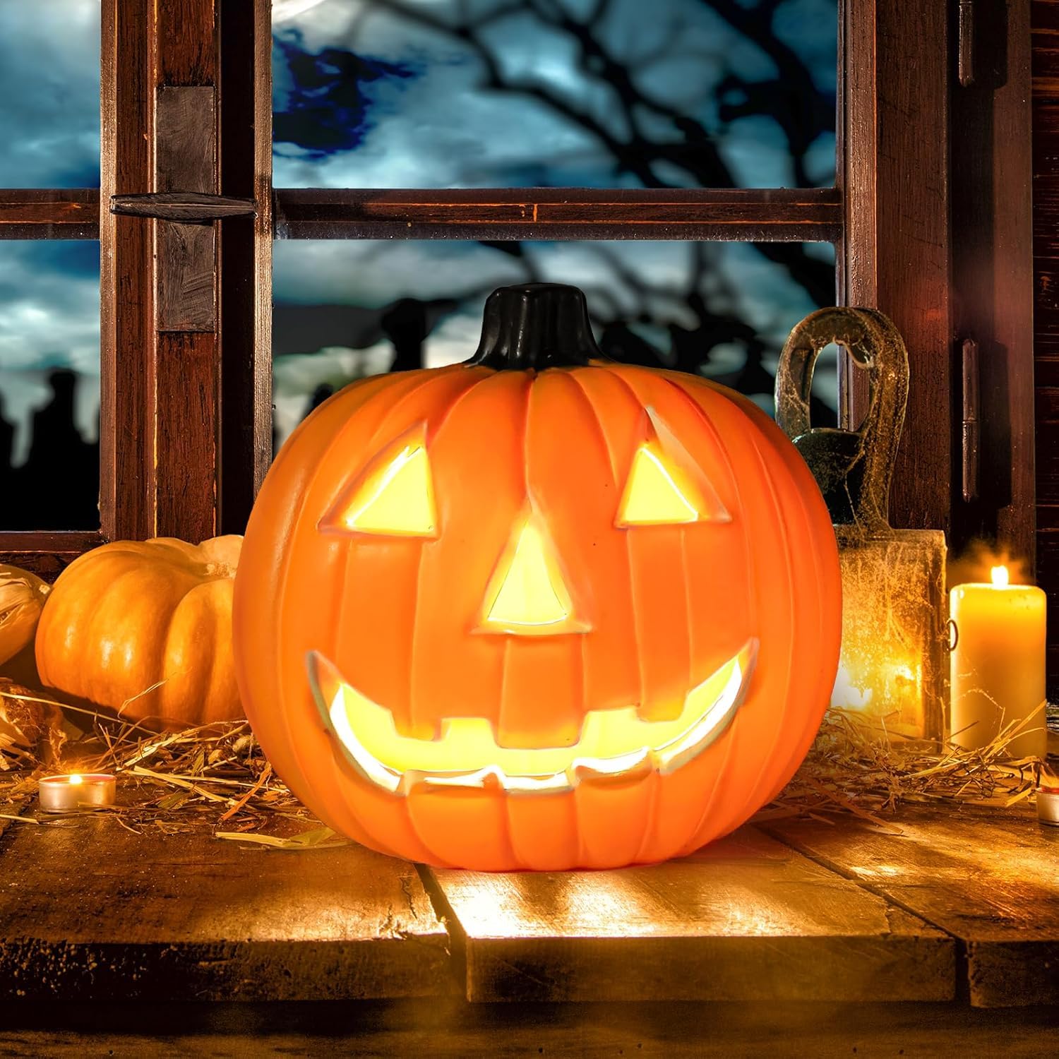 Photo 1 of Halloween Pumpkin Decorations, 8" LED Halloween Pumpkin Lantern, Classic Pumpkin Shape with Traditional Smile Face for Table, , Party, Yard, Garden, Indoor/Outdoor Use