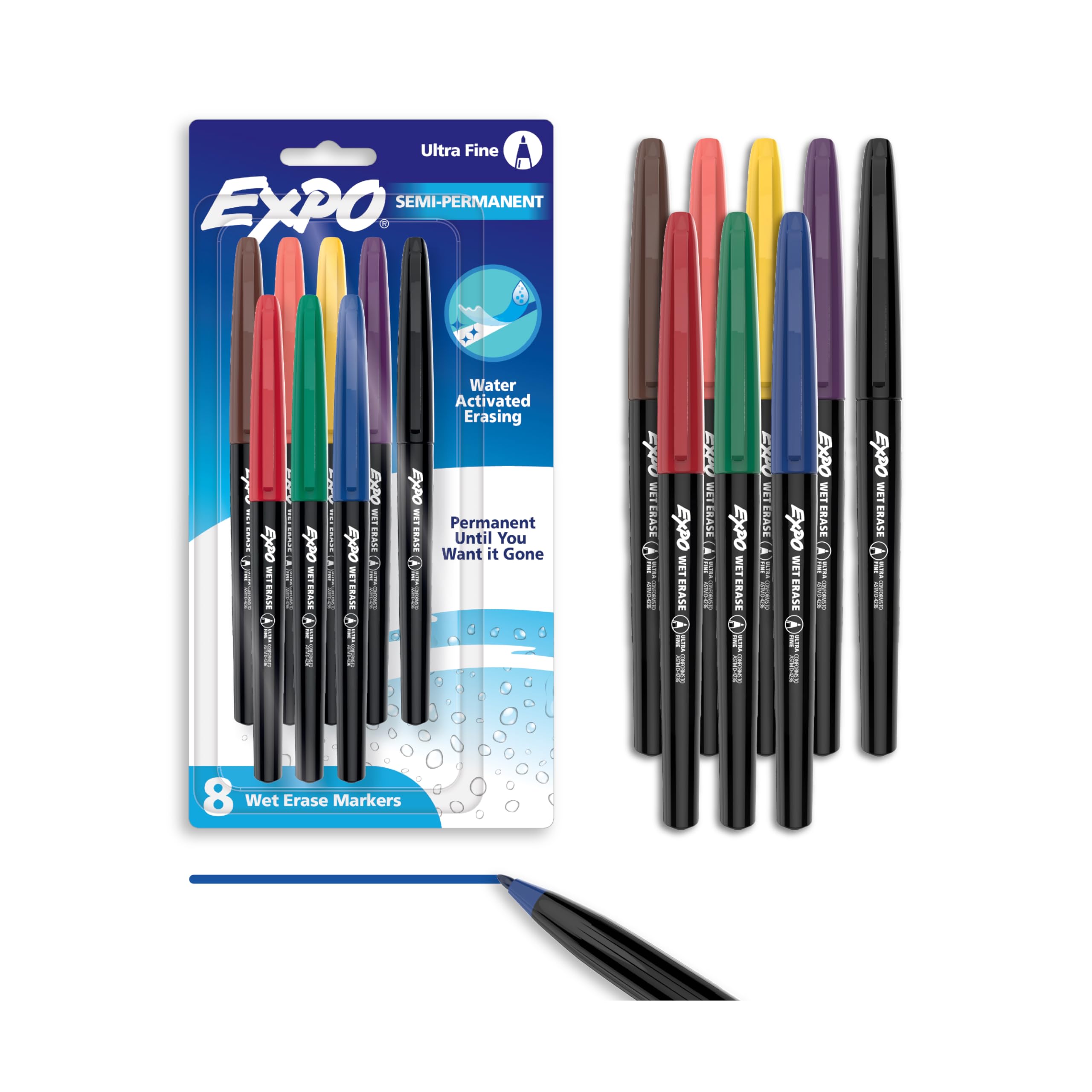 EXPO Vis-a-Vis Wet Erase Markers, Semi-Permanent, Assorted Colors, Ultra Fine Tip, 8 Count - For Writing on Glass, Whiteboards, Mirrors, Calendar, Labeling, Organizing