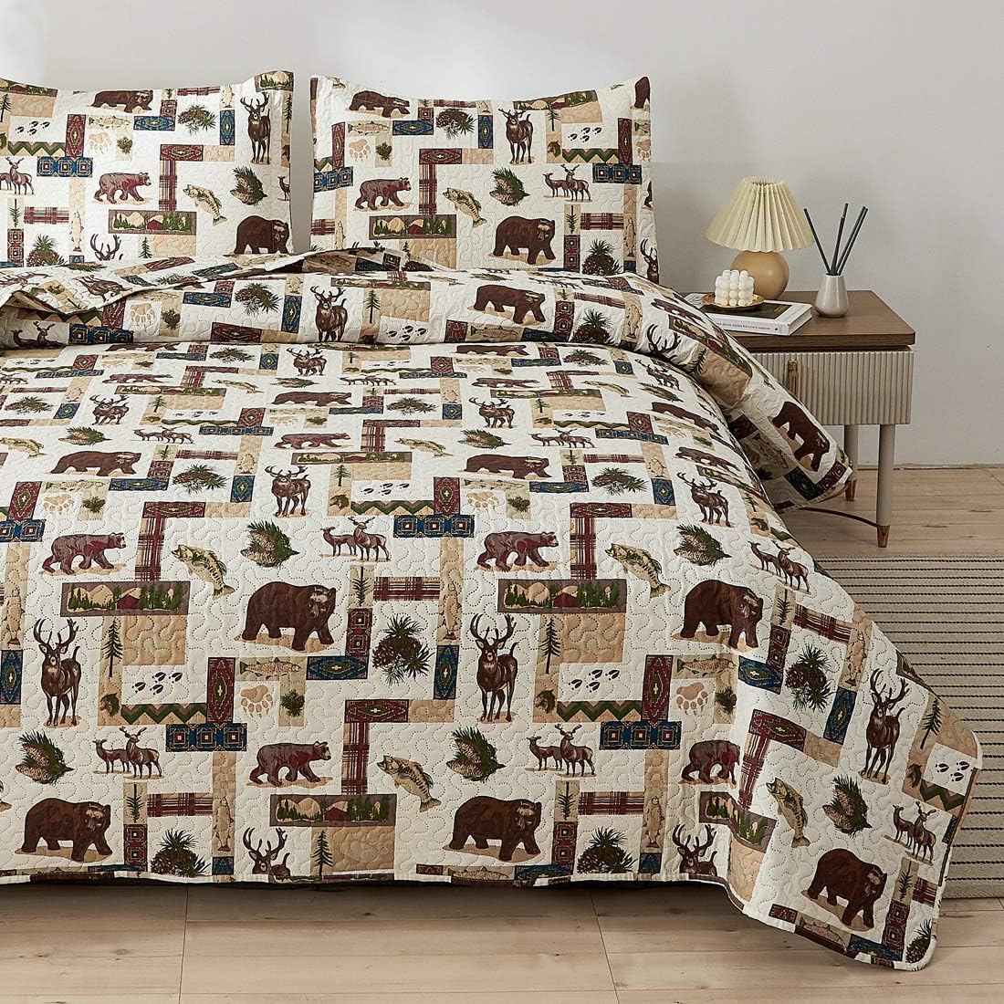 Rustic Quilt Set Bedding Full/Queen Size Lodge Cabin Quilt Lightweight Summer Bedspreads Country Bedding Sets Forest Moose Bear Fish Pine Print Coverlet Daybed Cover Blanket Woodland Home Decor