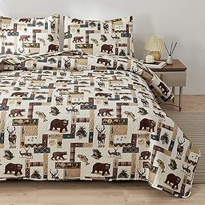 Rustic Quilt Set Bedding Full/Queen Size Lodge Cabin Quilt Lightweight Summer Bedspreads Country Bedding Sets Forest Moose Bear Fish Pine Print Coverlet Daybed Cover Blanket Woodland Home Decor