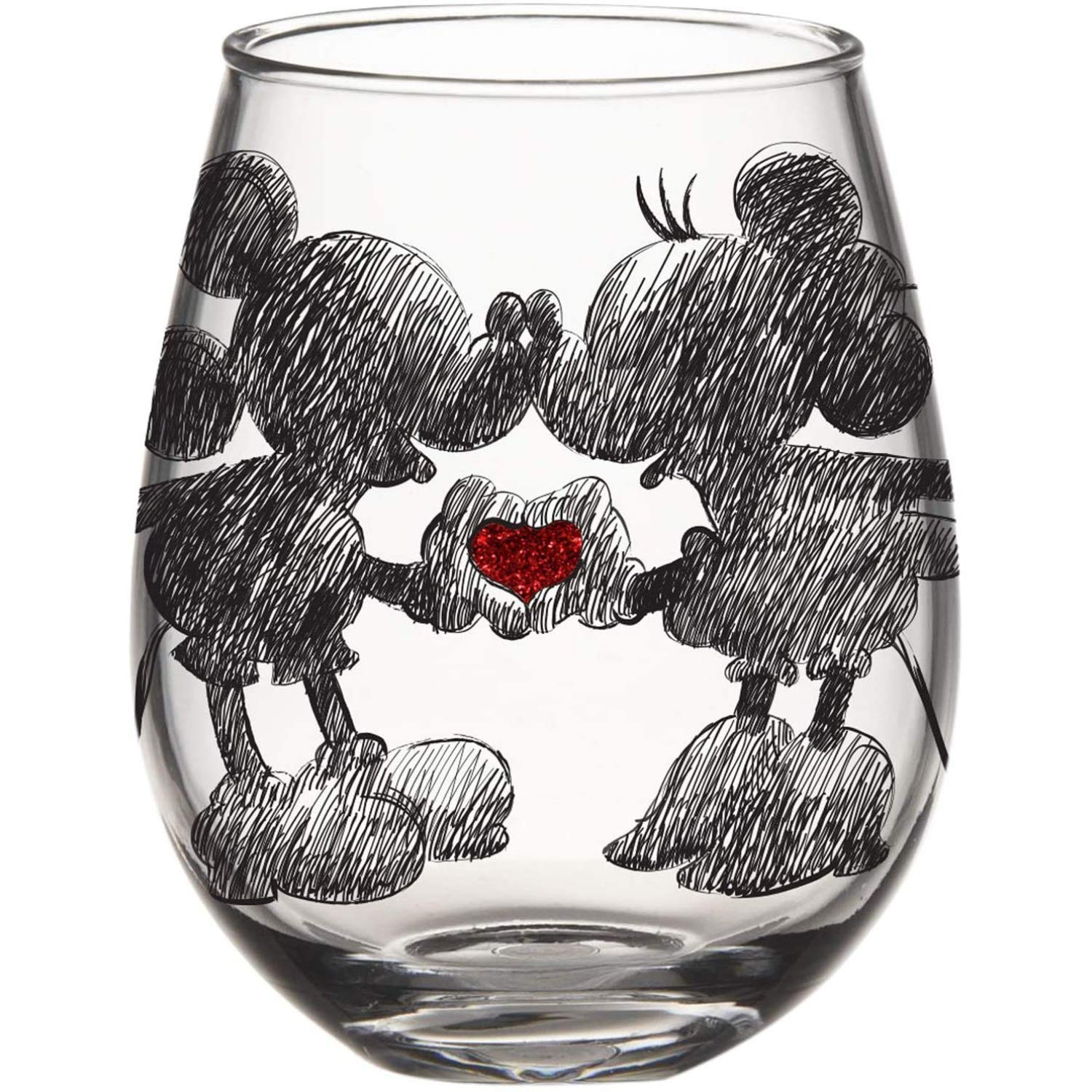 Silver Buffalo Disney Mickey and Minnie Classic Heart Glitter Stemless Wine Glass, 20 Ounces (Pack of 12) Image