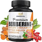Berberine HCl Supplement, Ceylon Cinnamon and Turmeric Capsules, Green Tea and Bitter Melon Capsules - 120 Capsules for 2 Month Supply