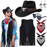 ZhouBoat 6Pcs Western Cowgirl Costume for Women Cowgirl Outfits Set Fringe Vest Cowboy Hat Glasses Earring Bandana Bracelet