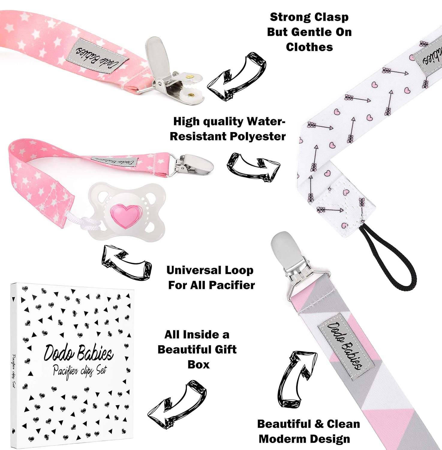 Pacifier Clip by Dodo Babies Pack of 4 + Pacifier Case, Premium Quality for Girls Modern Designs Universal Holder Leash for Pacifiers, Teething Toy or Soothie, Baby Shower Gift Set : Baby