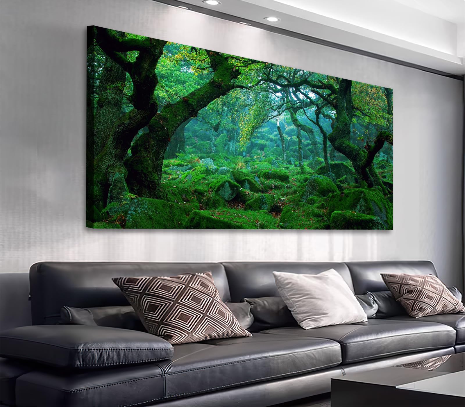 Photo 1 of Green Forest Canvas Wall Art Living Room Decoration Big Trees Nature Picture Large Modern Canvas Artwork Contemporary Woods Mossy Rock Spring Season Prints for Office Home Decoration 20" x 40"