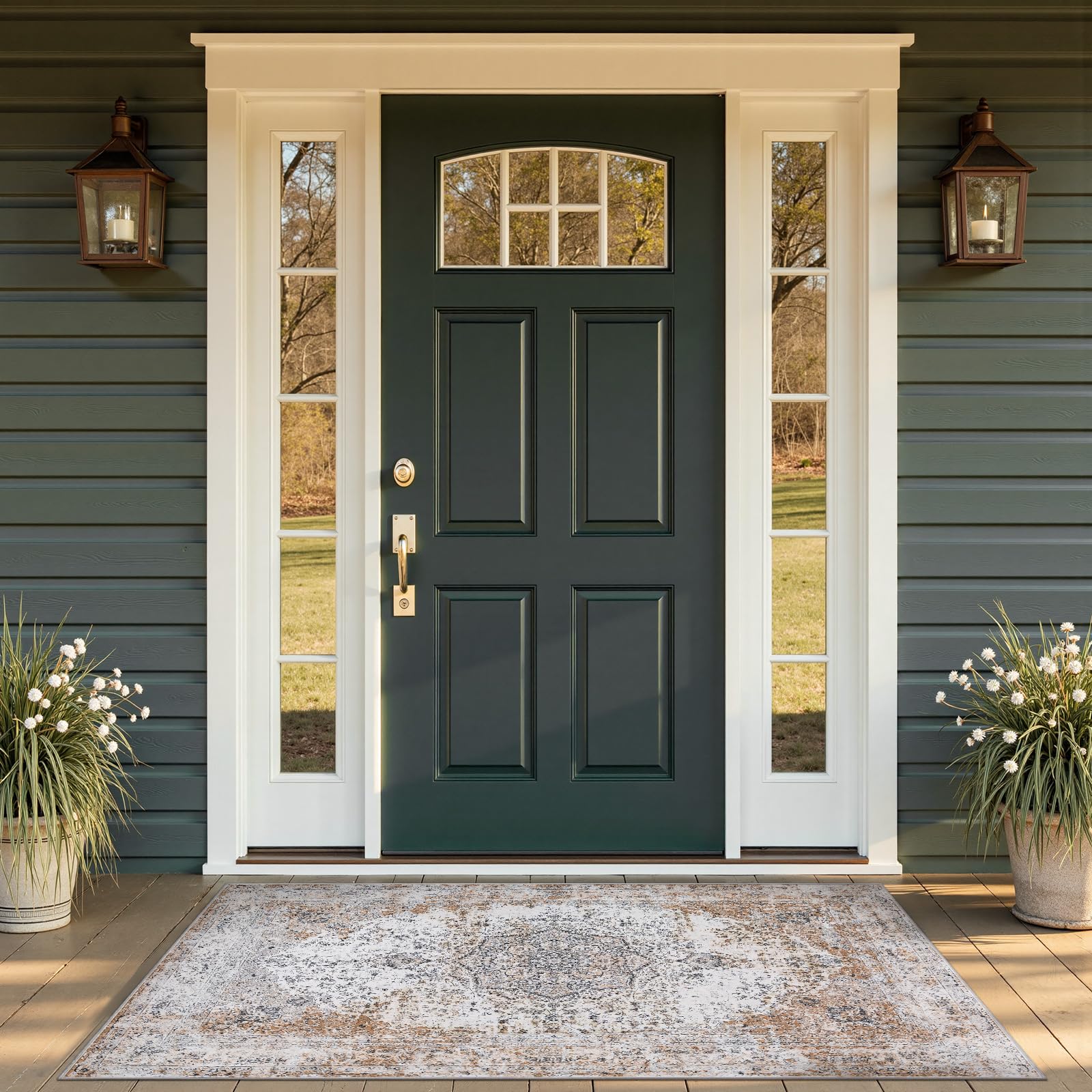 Photo 1 of jinchan Area Rug 3x5 Washable Door Mat Vintage Rug Taupe Doormat Indoor Entrance Carpet Foldable Thin Rug Traditional Distressed Kitchen Floorcover Floral Print Mat Bedroom Living Room Entryway