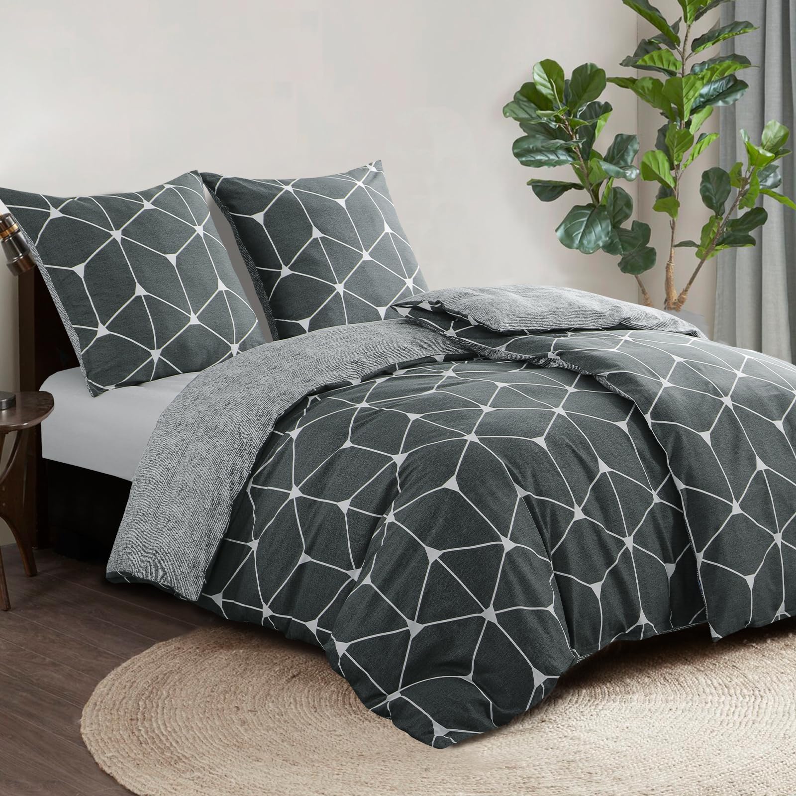 RUIKASI Bettwäsche 135x200 Baumwolle 4teilig Anthrazit - Baumwollbettwäsche 135 x 200 4tlg mit Geometrie Muster, Bettbezug Set 4 teilig Cotton mit Reißverschluss 2