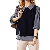 LAI MENG FIVE CATS Women's Collared Patchwork Stirpe Tops Casual Long Sleeve Pullover Blouse