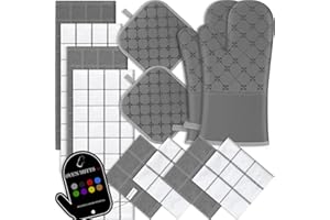 BSKSSK Oven Mitts Kitchen Towels Dishcloths with Pot Holders Sets 12PCS, Dish Towels Sets, Oven Gloves Pot Pads Heat Resistant 500 Degrees with Non-Slip Silicone Surface for Cooking Baking Grilling-Gray