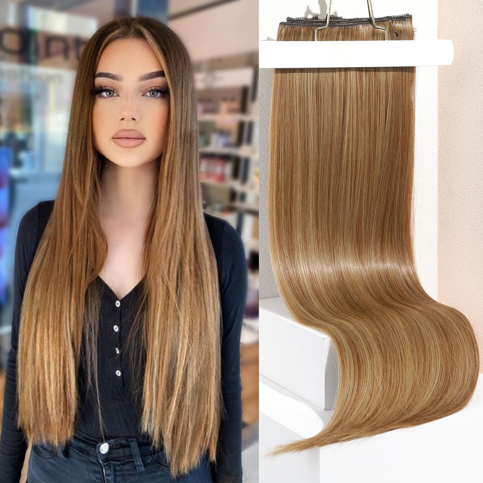 Photo 1 of REECHO Clip in Hair Extensions, Hair Extensions Thick Long Lace Weft Lightweight Synthetic Hairpieces for Women 24 Inch-240 Gram(Pack of 5), Light Brown with Highlights