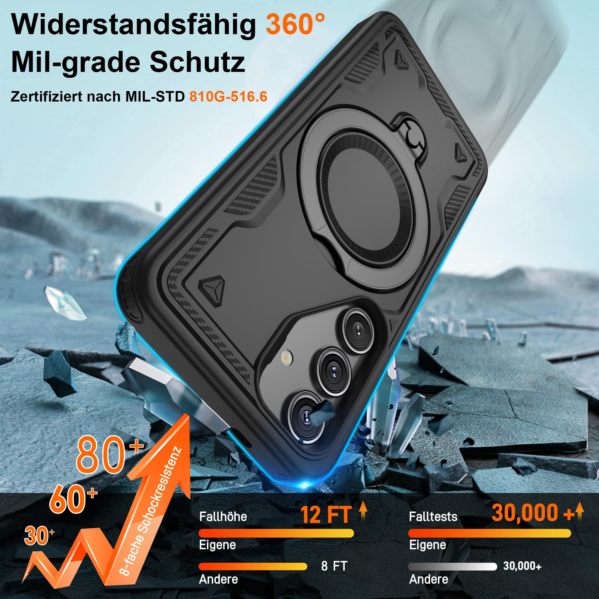 Jshru Samsung Galaxy S24/S25 Hülle Kompatibel mit Magsafe Handyhülle, mit 2Stk HD-Schutzfolie Magnetische Schutzhülle, 360° Drehbare Ringhalter Stoßfeste Case für Samsung Galaxy S24/S25,Schwarz 4