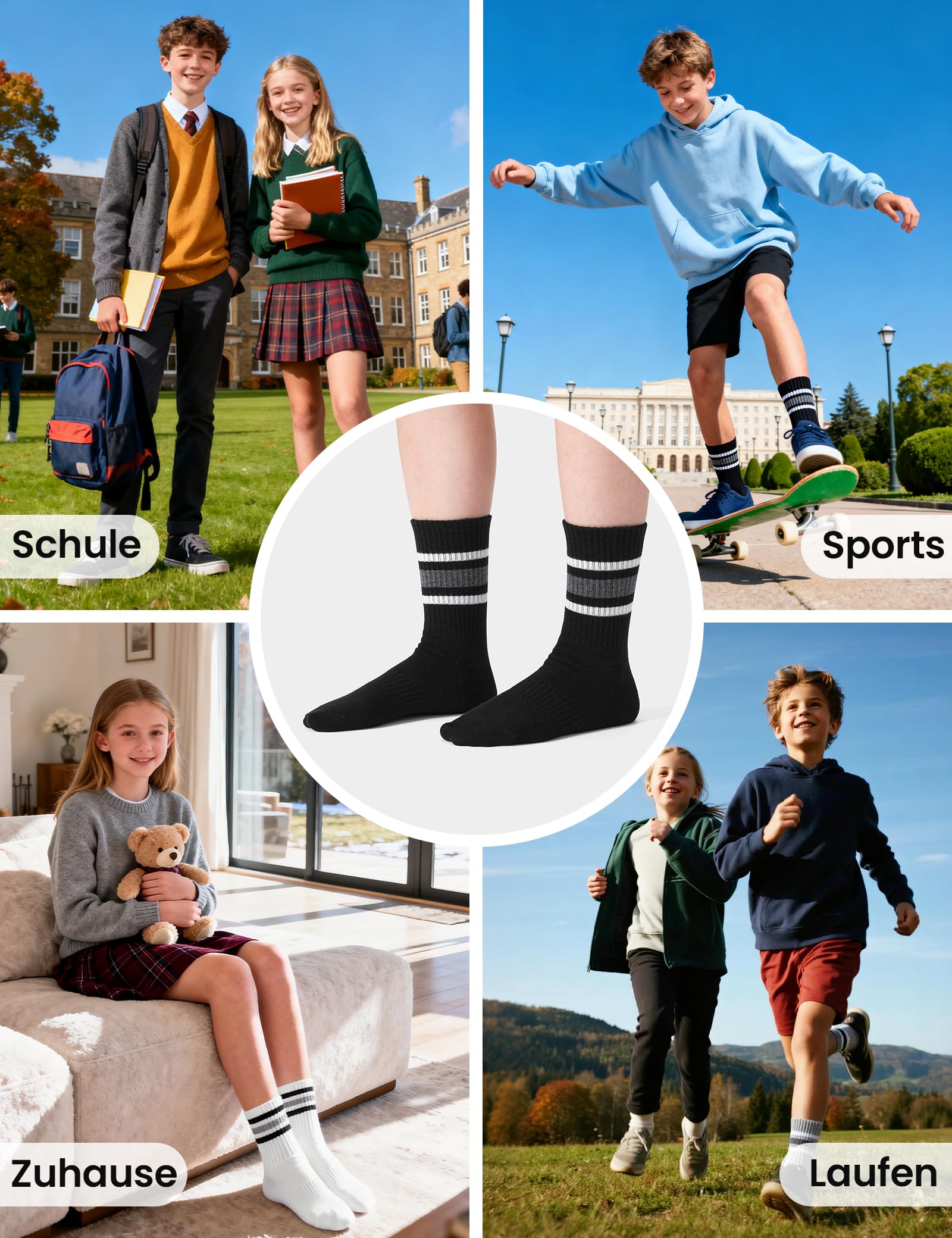 Auranso 6 Paar Socken Jungen Tennissocken Kinder Sportsocken Kindersocken Mädchen Baumwolle Socke für Kinder 4-14 Jahren 27-38, Schwarz, 35-38 5