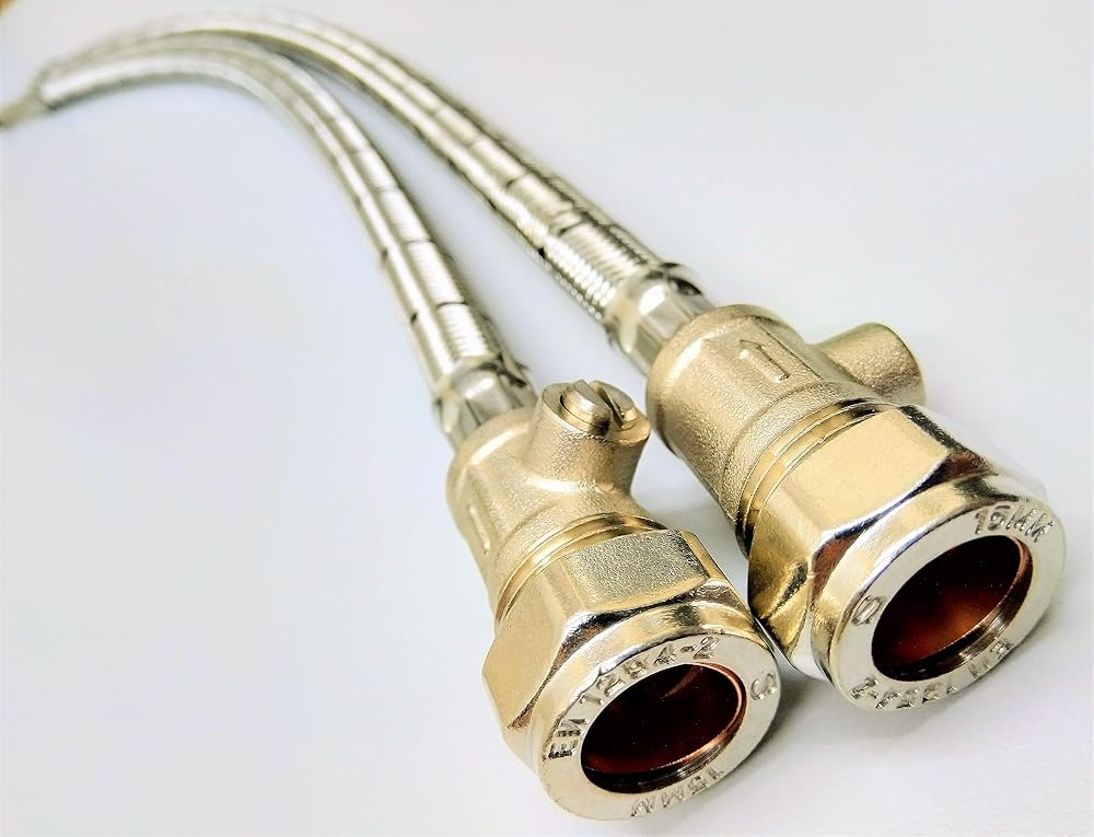 AK Pair Flexible Monobloc Tap Tail Connector with Isolator Valve M10/M12