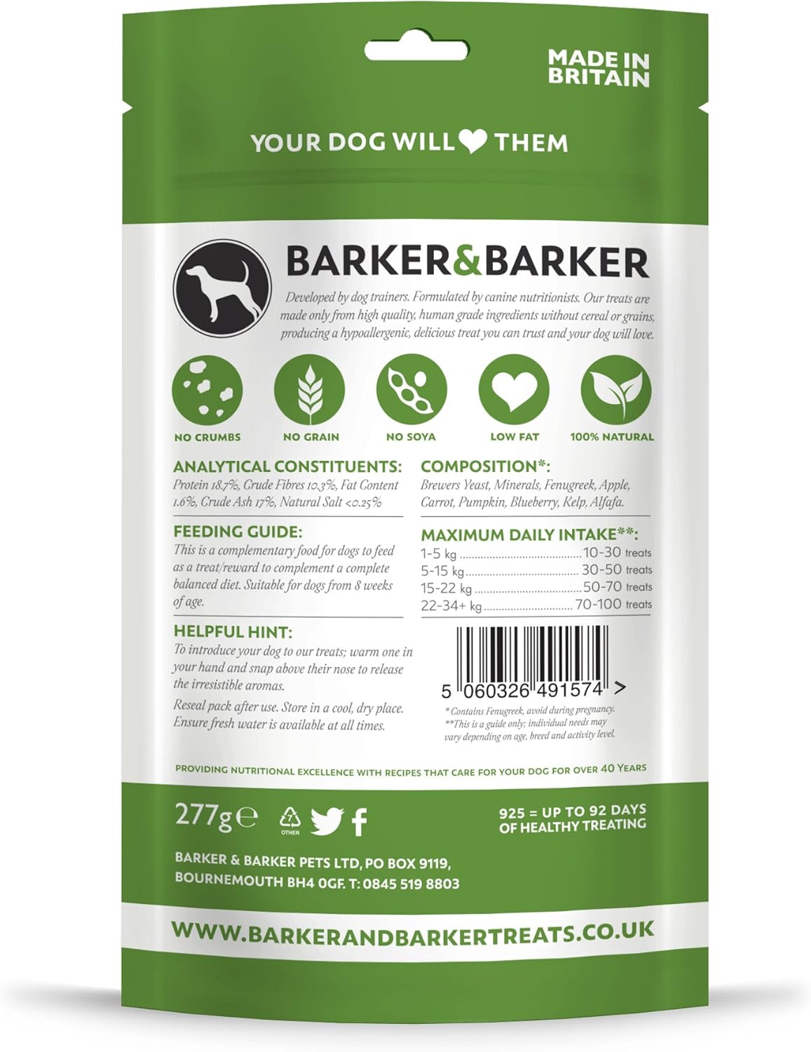 Barker and Barker Low Fat Dog Training Treats 925 Small Fruit & Veg