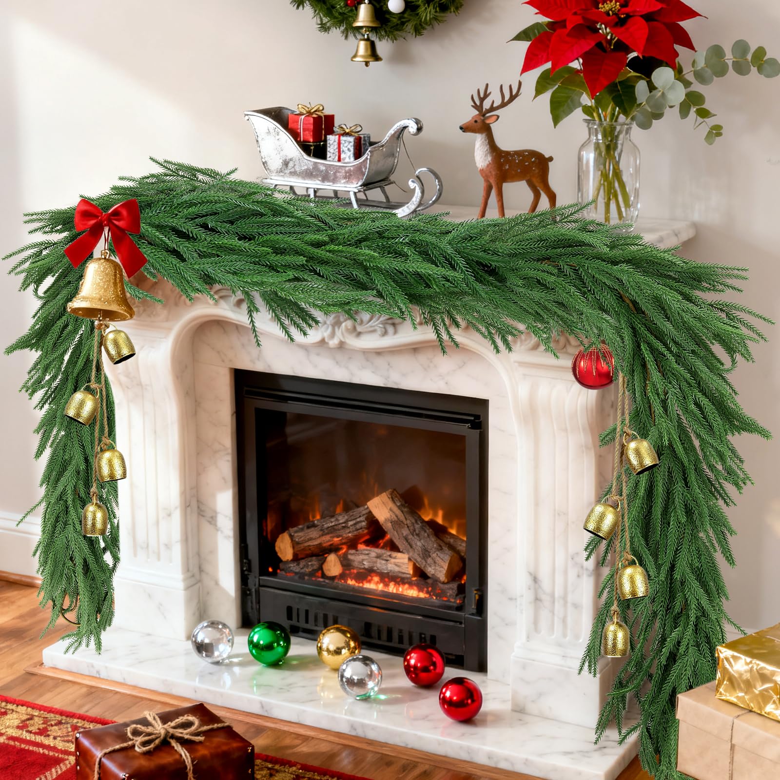 Photo 1 of ***ACCESSORIES NOT INCLUDED GARLAND ONLY / UNKNOWN DAMAGES**** 12FT?2 * 6FT?Norfolk Pine Garlands, Christmas Cedar Garland, Real Touch Faux Green Garlands, Winter Artificial Greenery Garland for Mantle, Stairs, Table, Fireplace, Indoor & Outdoor Xmas Deco