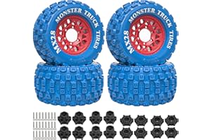 LRFHL MX28 F/R 2.8" RC Tire and Wheels with 12mm/14mm Hex Adapter, 1/10 RC Monster Truck Tires Compatible with Traxxas Stampede Rustler Arrma Vortek Big Rock Granite (4PCS, Blue)