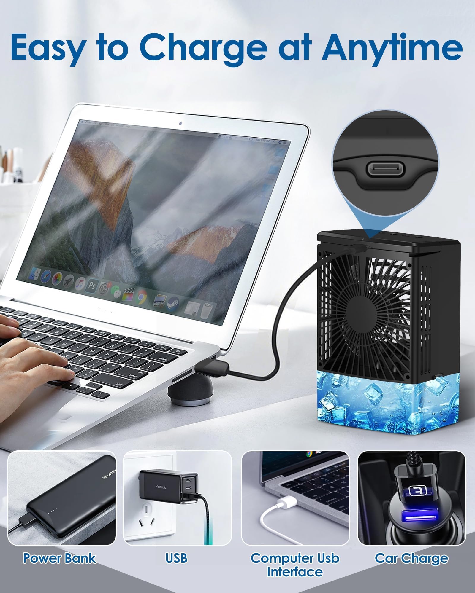 Mini Air Conditioner,Portable Air Conditioners,Evaporative Air Cooler Humidifier, 3 Speed Quiet Personal Cooling Fan, 7-Color LED Night Light, 4/8H Timer for Bedroom, Office, Camping, Car (White)