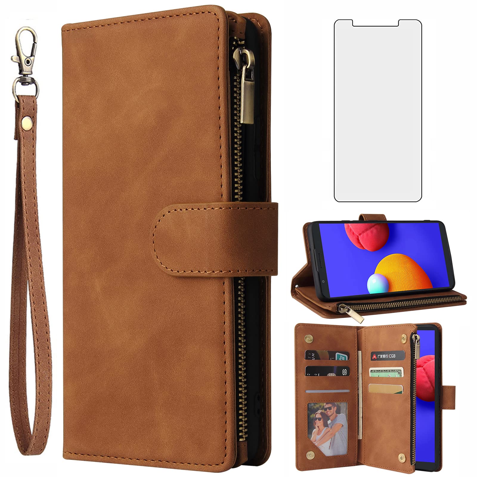 Asuwish Compatible with Samsung Galaxy A01 Core Wallet Case Tempered Glass Screen Protector and Leather Flip Cover Card Holder Stand Cell Accessories Phone Cases for Glaxay A 01 01A Women Men Brown — image 1