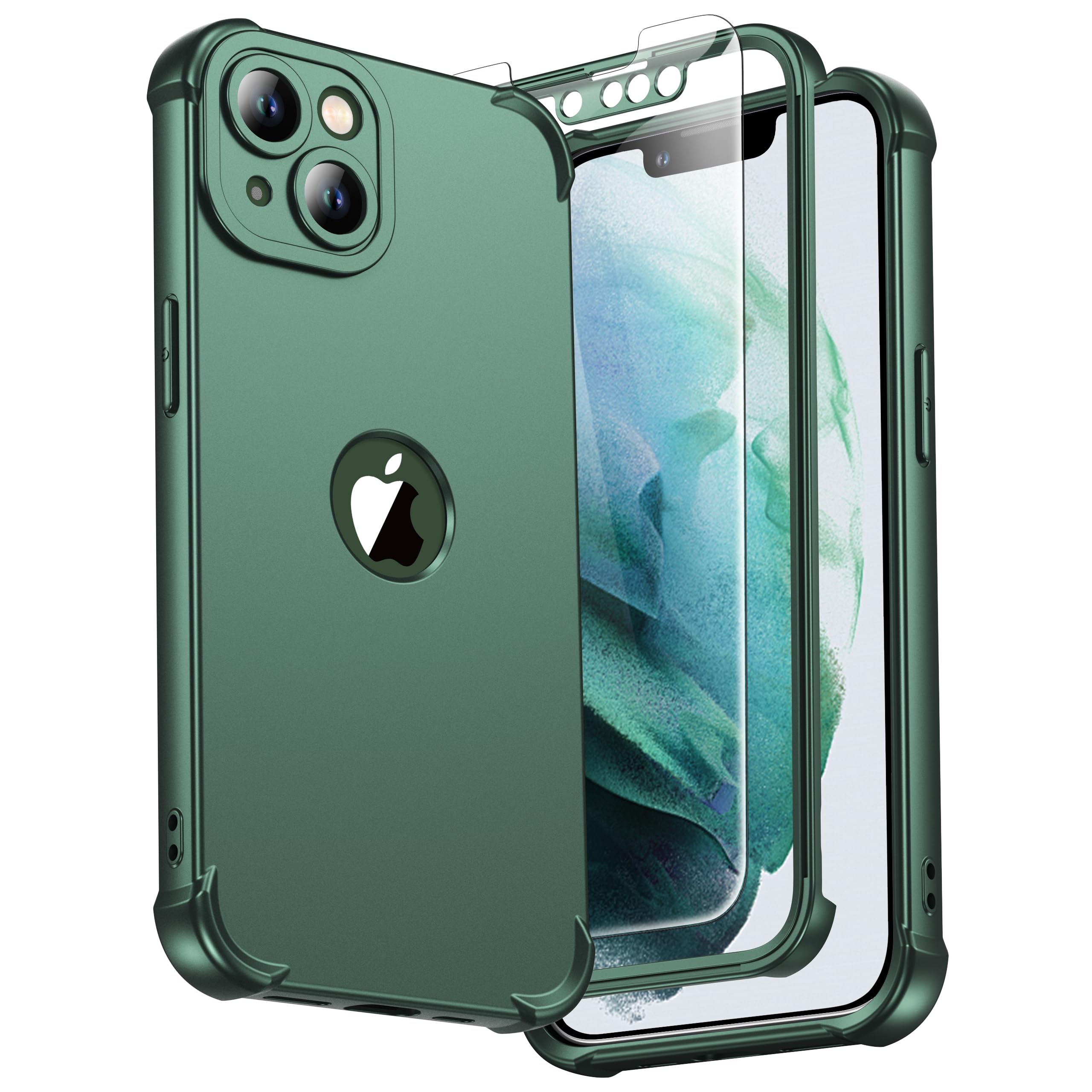 ORETECH for iPhone 13 Case, with [2 Pack Tempered Glass Screen Protector] [Camera Lens Guard] [15FT Military Grade Drop Test] 360° Shockproof Slim Fit Rubber Bumper Phone Cover - Green — image 1