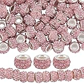 PONABEADIY 1 Box 80PCS Pink European Rhinestone Beads with Silver Plated Brass Cores Large Hole Rondelle Crystal Shiny Spacer Charms Loose Bead for Jewelry Making Bracelets Necklaces DIY Craft Supply