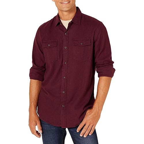 Amazon Essentials Men's Long-Sleeve Flannel Shirt, Regular-Fit, Two Pockets, Burgundy Heather, Medium