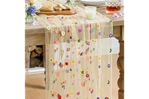 Artoid Mode Champagne Embroidery Daisy Gauze Table Runner 120 Inch 10FT, Seasonal Sheer Kitchen Dining Holiday Wedding Birthd