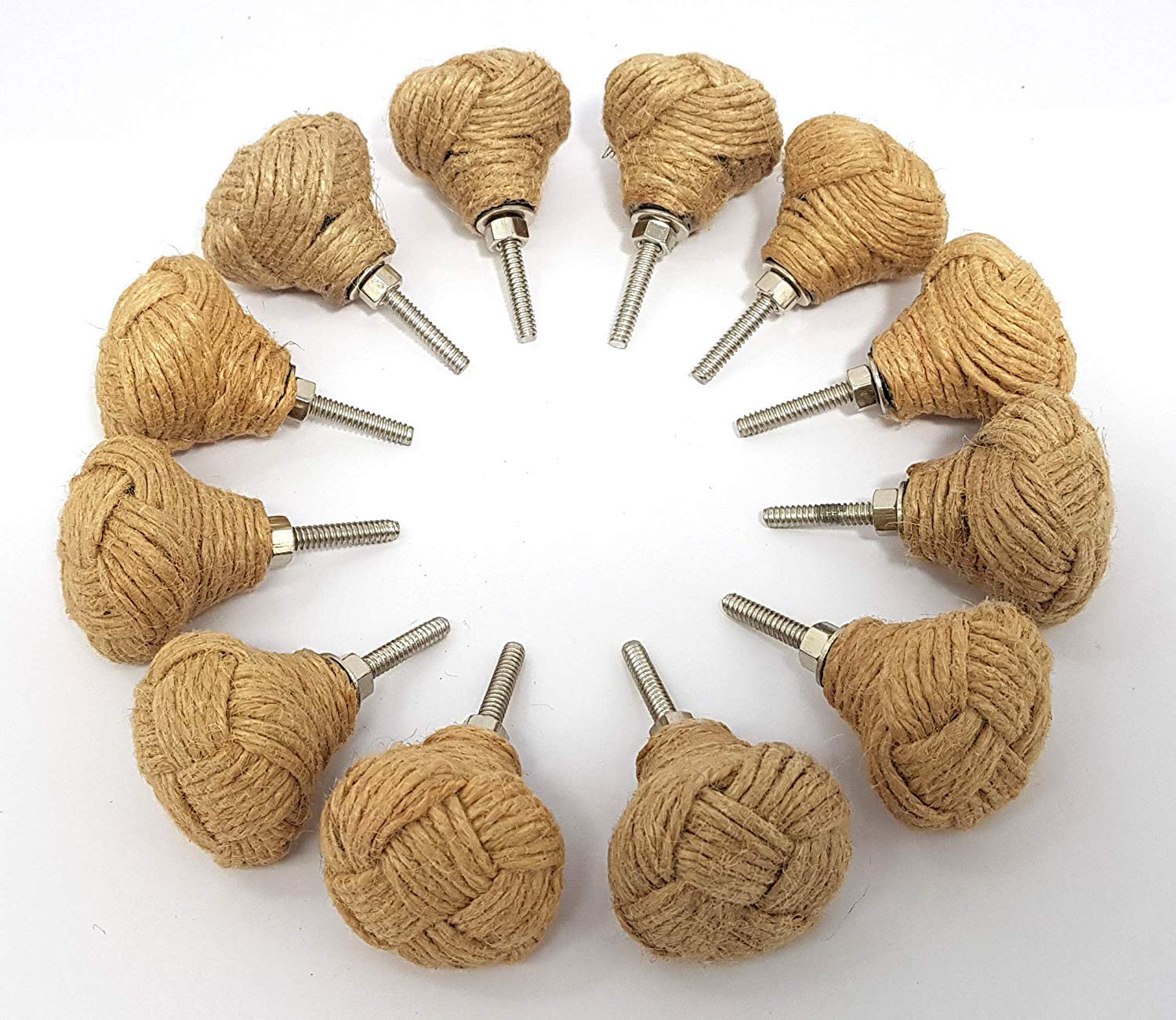 Nautical Replica Hub Natural Jute Drawer Handles Lot of 12 Monkey Fist Jute Rope Shelves Drawer Knobs (6 Pair)