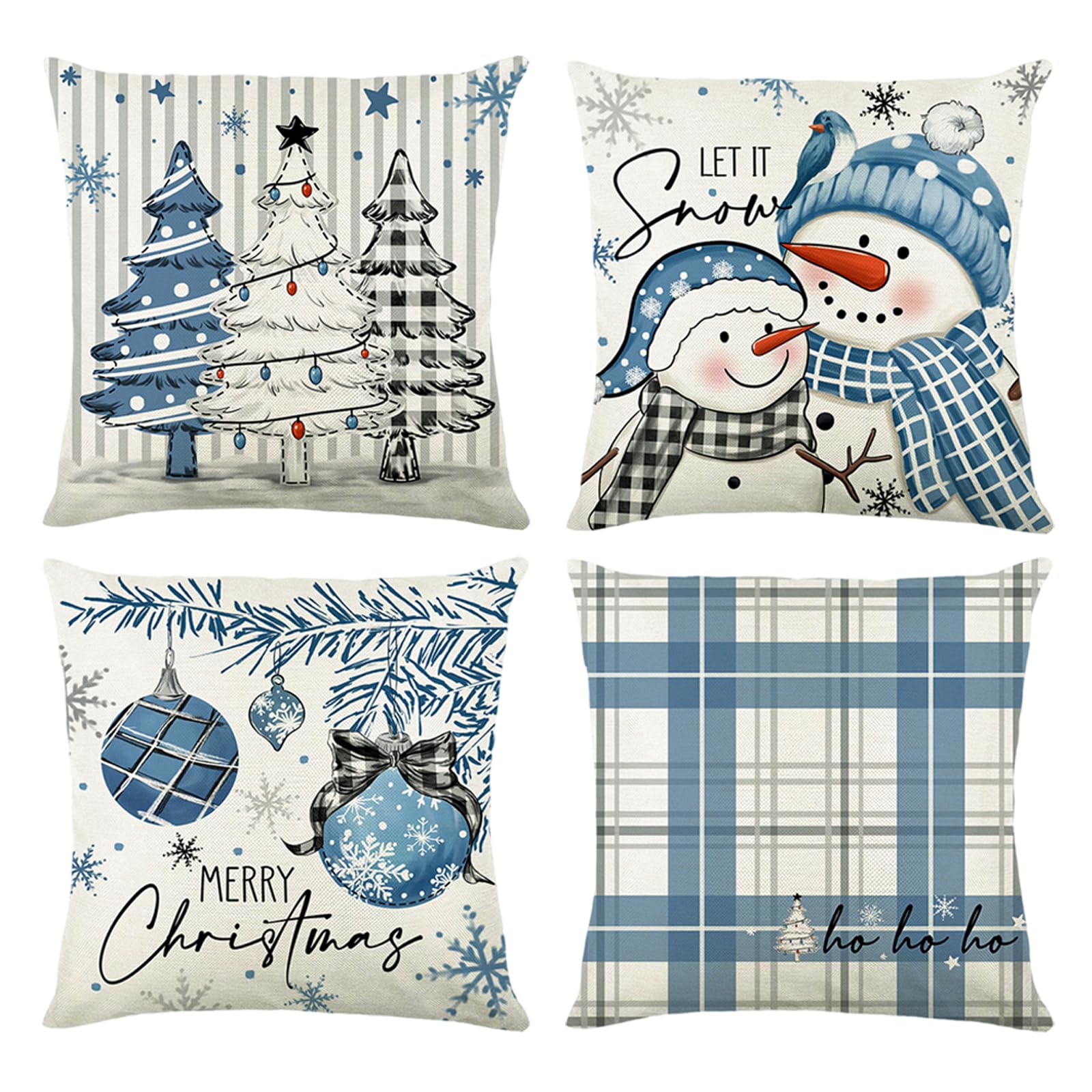 Blue Christmas Cushion Covers Set of 4, 45 x 45cm Xmas Pillow Cases, Blue White Xmas Cushion Covers with Snowman Pine Tree for Blue Christmas Decorations Indoor, Sofa Cushions, Bedroom, Living room