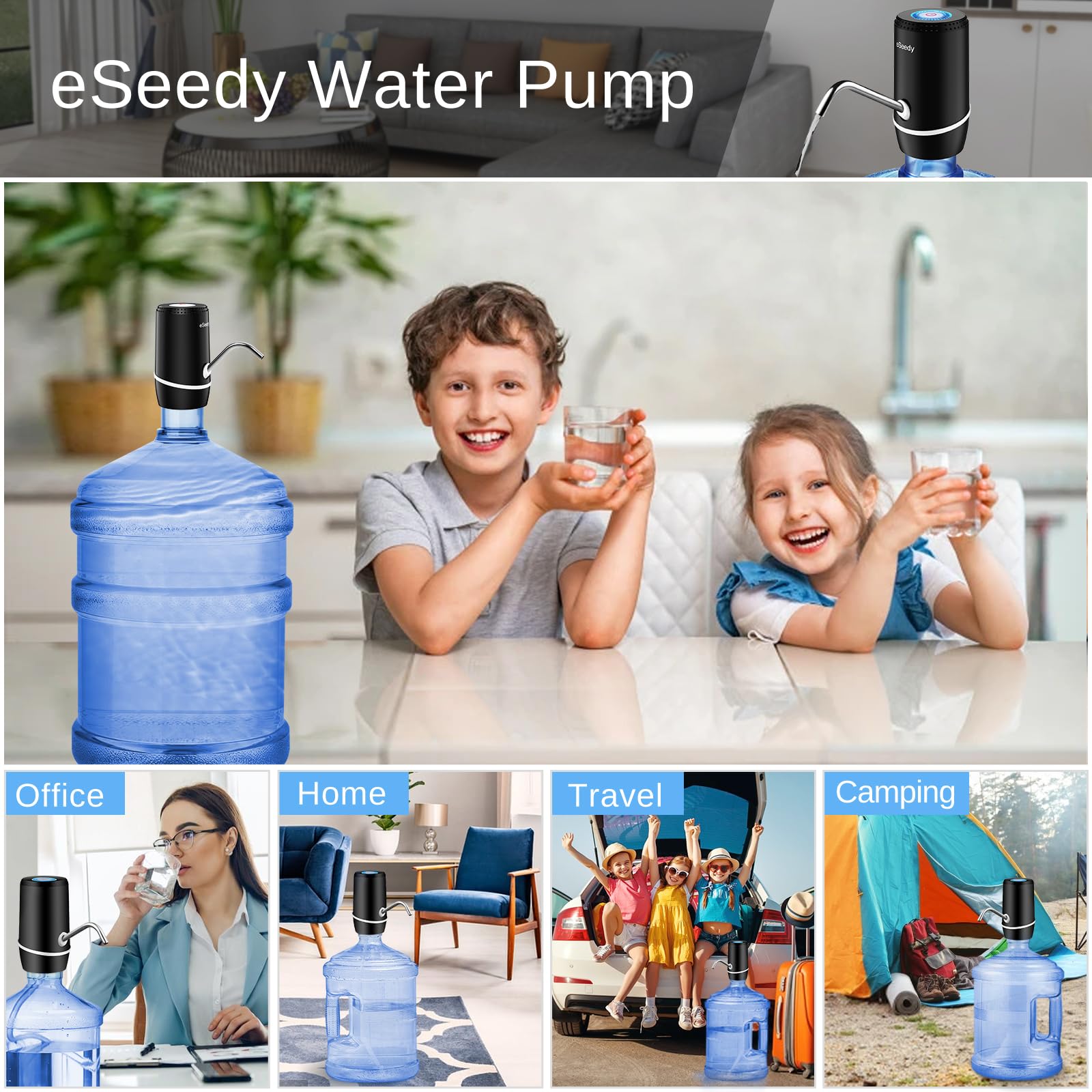 Water Pump for 5 Gallon Bottle, USB Charging Automatic Water Dispenser with Rechargeable Battery, Portable Electric Drinking Water Jug Pump for Home, Kitchen, Living Room, Office, Camping - Black