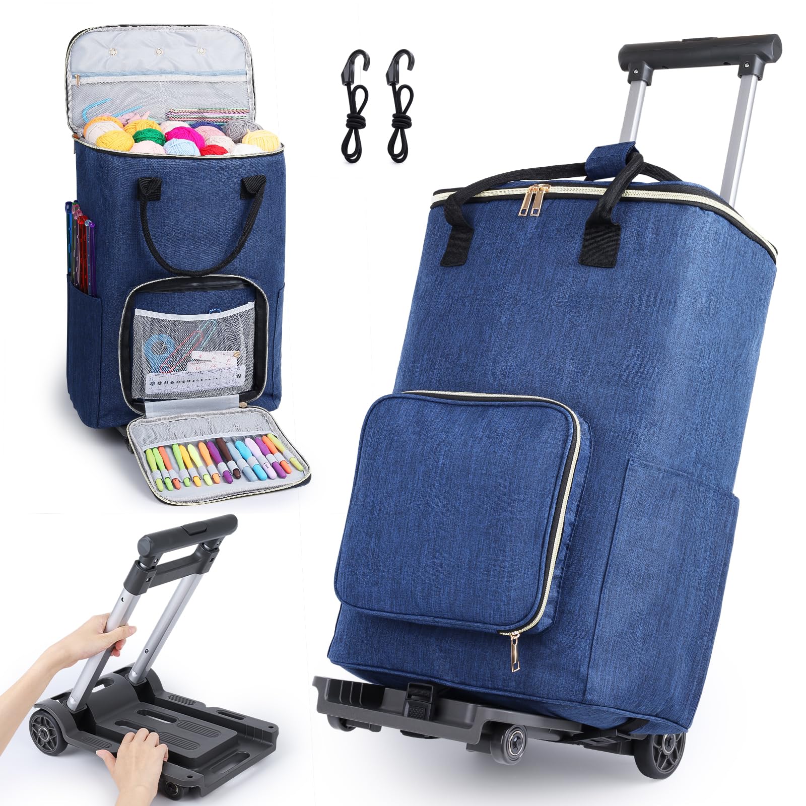 Coopay Portable Crochet Bag, Extra Large Yarn Storage for Crochet Accessories and Supplies, Yarn Bags with Wheels and Telescoping Handle, Durable Knitting Bag for Craft Enthusiasts Image