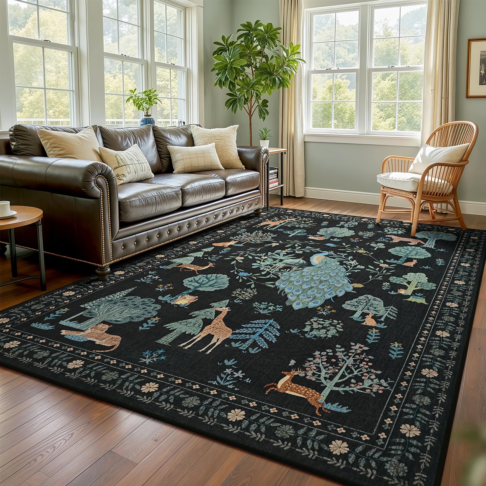 Photo 1 of junovo 4X6 Jungle Animal Print Area Rug for Living Room, Washable Non-Slip Bedroom Rugs, Soft Low Pile Peacock Floral Carpet for Dining Room Playroom Nursery (Black)