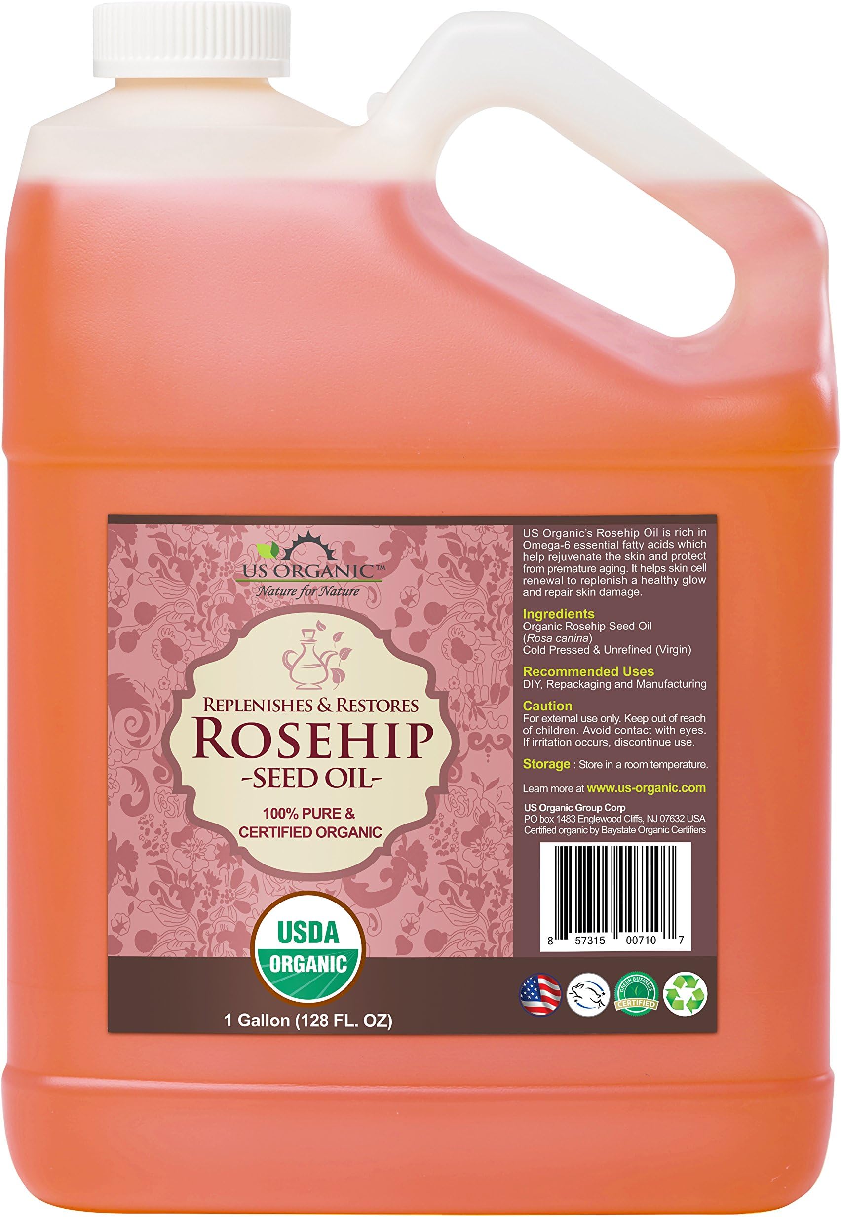 US Organic Rosehip Seed Oil, USDA Certified Organic, 100% Pure, Cold pressed, Unrefined, Size for DIY and small manufacturers (128 oz (1 Gallon))