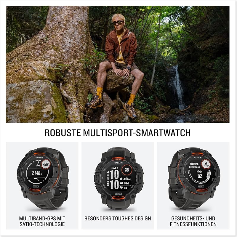 Instinct 3 50mm SOLAR – GPS-Multisport-Smartwatch, 1,1" Display, bis zu 40 Tage Akkulaufzeit, 80+ Sport-Apps, Navigationsfunktion, smarte Features, LED-Taschenlampe, wasserdicht