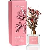 AROMA BAY 5.7 fl oz Pink Peony Reed Diffuser Set, Glass Bottle with Preserved Flowers, Valentine’s Gift for her, Glass Bottle with Preserved Flowers, Natural Decoration for Bedroom, Bathroom(170ml)