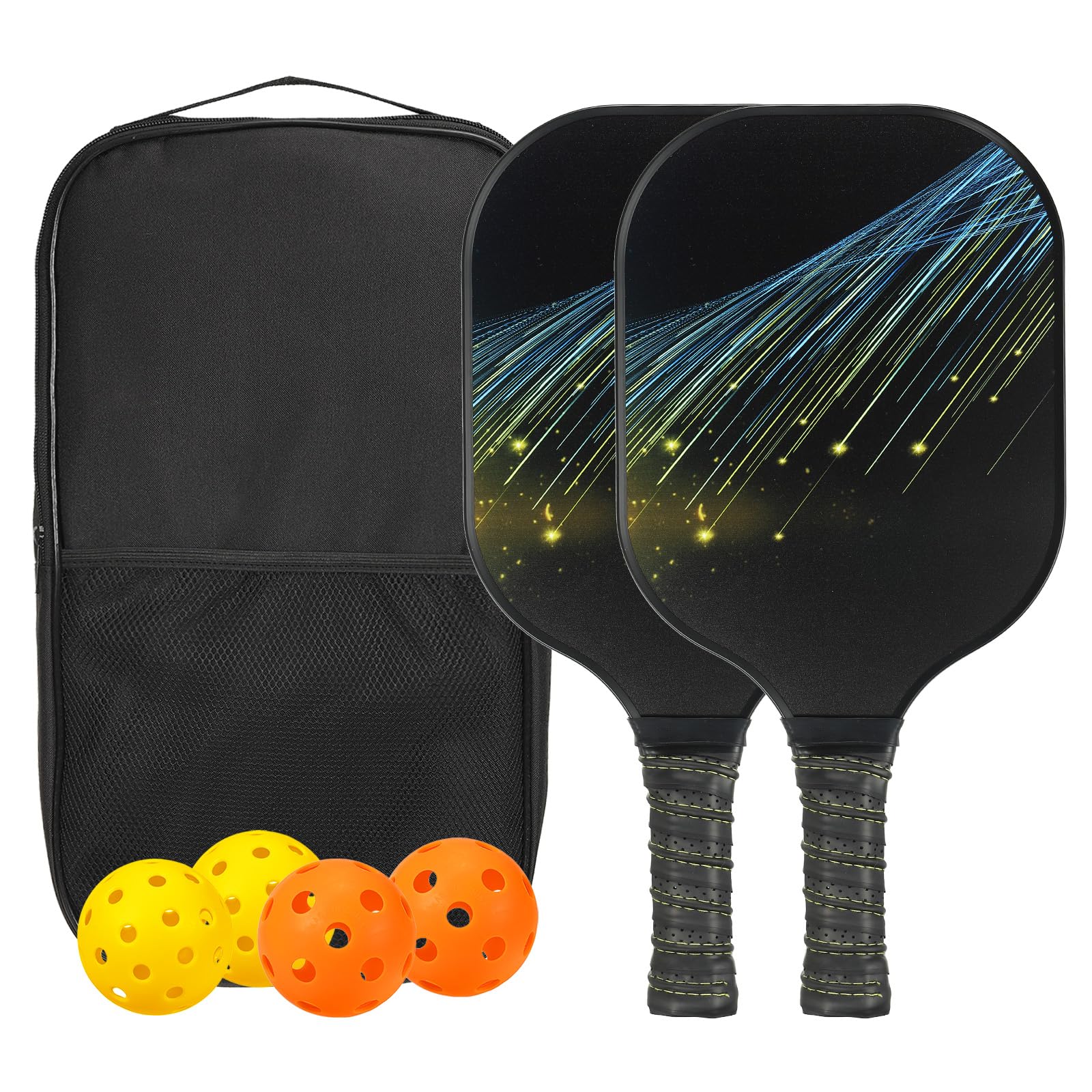 PATIKIL Pickleball Paddles Set, USAPA Approved Fiberglass Surface Pickleball Rackets with Overgrip, 2 Paddles, 4 Pickleballs,1 Carry Bag for Men Women, Line Light