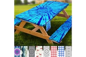 WRAKUS Fitted Picnic Table Cover with Bench Covers Vinyl Waterproof Elastic Edges Fitted Rectangle Tables Patio Tablecloth Camping Gear and Essentials Rv Accessories Road Trip Supplies Car Travel Must Haves