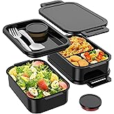 Jelife Adult Bento Box Lunch Box - Large Style Stackable Bento Lunch Box for Adults, 72oz All-in-One 3 Layers Bento Boxes Leak-Proof Lunchbox with Utensil Sauce Containers for Dining Out,Work, Black
