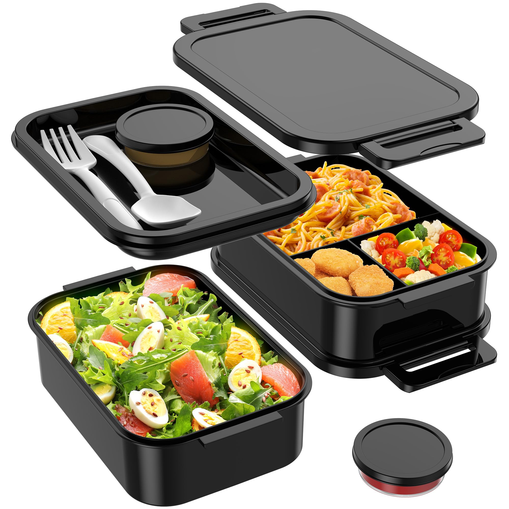 Photo 1 of Jelife Adult Bento Box Lunch Box - Large Style Stackable Bento Lunch Box for Adults, 72oz All-in-One 3 Layers Bento Boxes Leak-Proof Lunchbox with Utensil Sauce Containers for Dining Out,Work, Black