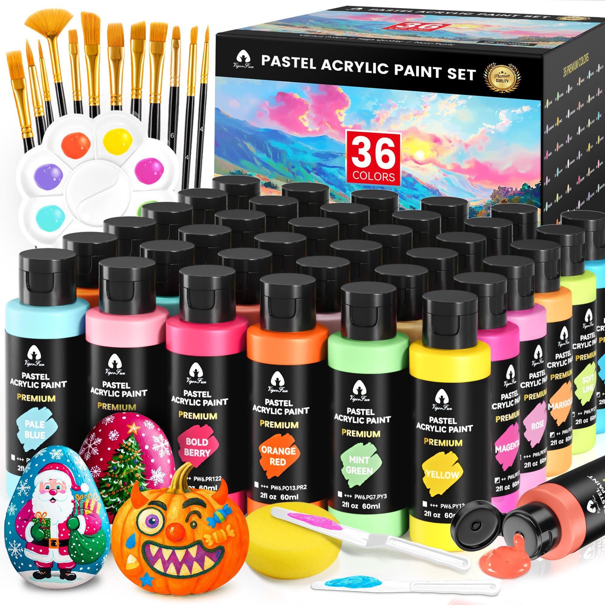 52 Pcs Pastel Acrylic Paint Set with 12 Brushes, 2 Knives & Palette, 36 Colors (2oz/60ml) - for Adults, Artists & Beginners - Canvas Ceramic Rock Wood Egg Painting Kit Image