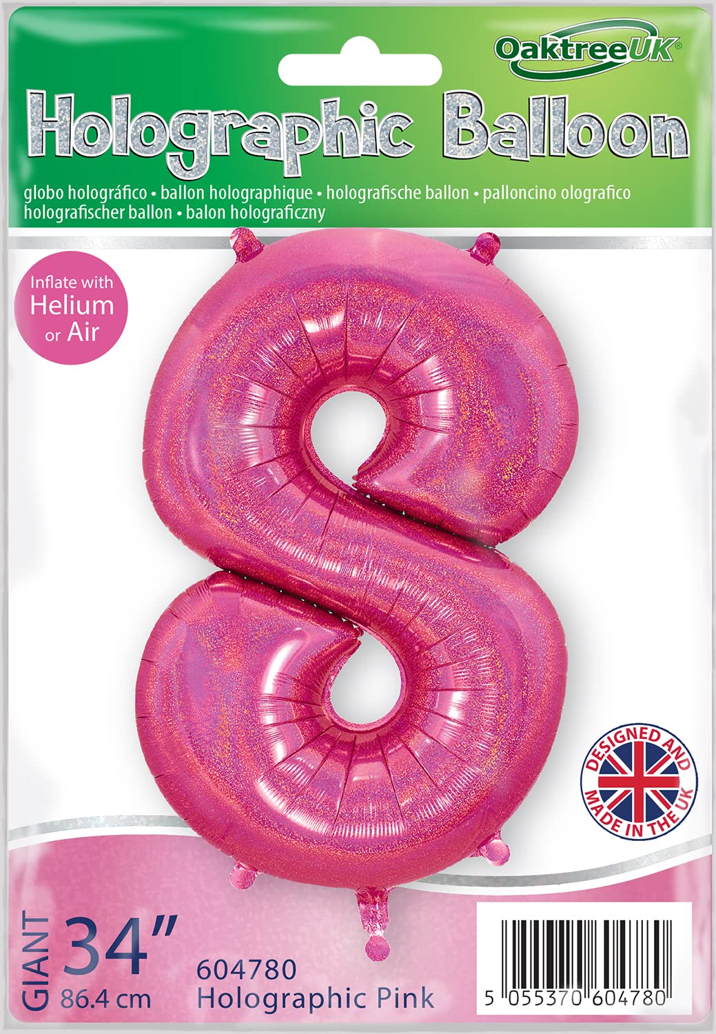 Oaktree UK 34" Number 8 Holographic Pink Foil Balloon