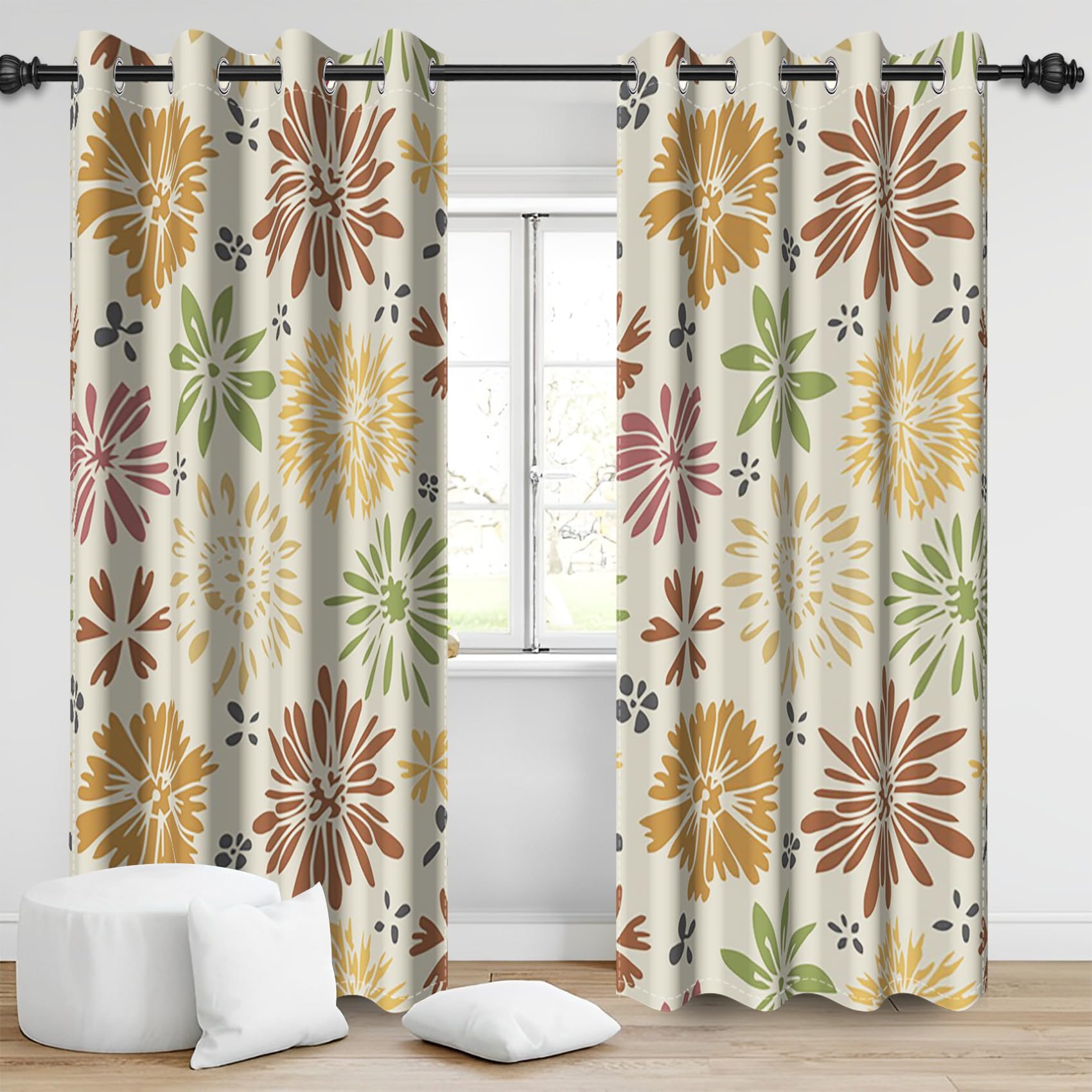 Bovlleetd Abstract Florals Blackout Curtains, 54" Lx46 W Retro Yellow Chrysanthemum Florals Window Curtains 3D Printing Polyester Thermal Insulated Curtains for Home Living Room, 2 Panels