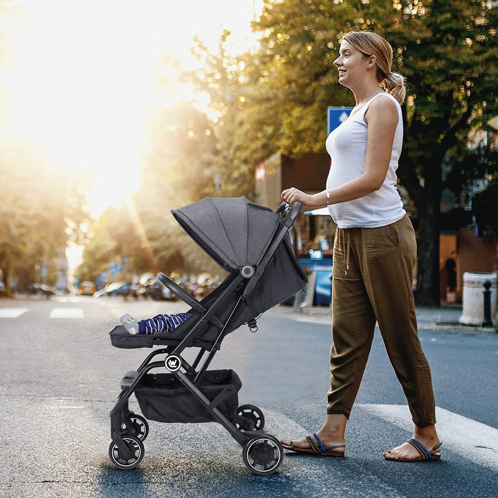 Lightweight Baby Stroller, Compact Travel Stroller with Sleep Shade, Oversize Basket, One Hand Easy Foldable Pram for Airplane Travel and More