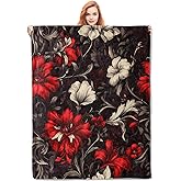 VANZEV Red and Black Floral Blanket Gifts for Women, Gothic Flannel Blanket, Soft Warm Lightweight Throw Blankets for Bedding Sofa Couch Home Travel Decor 50" x 60"